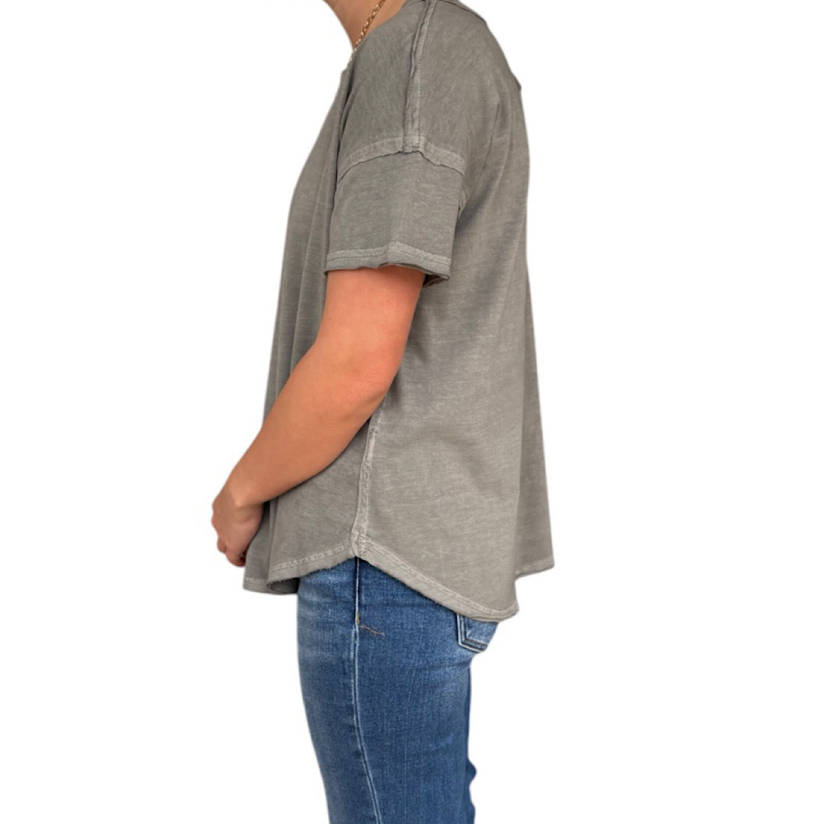 Grey Exposed Seam Raw Edge Short Sleeve Knit Top