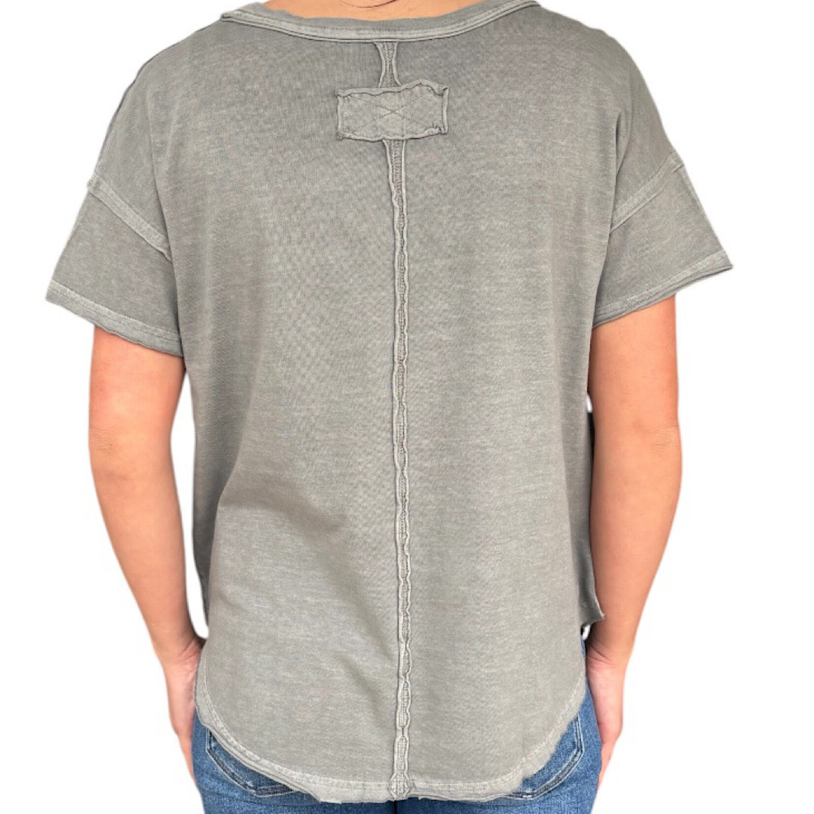 Grey Exposed Seam Raw Edge Short Sleeve Knit Top