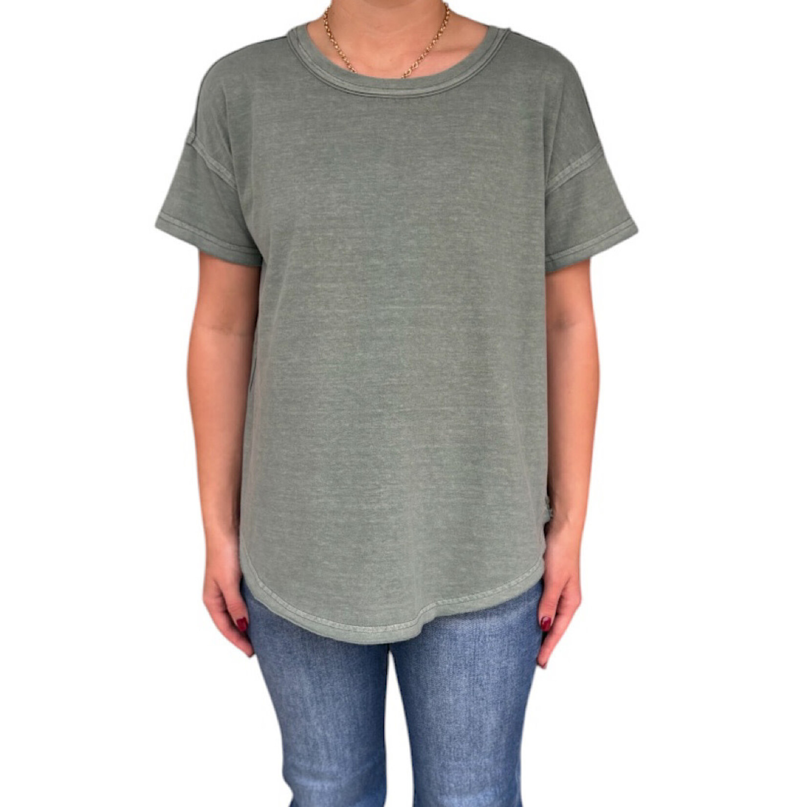 Green Exposed Seam Raw Edge Short Sleeve Knit Top