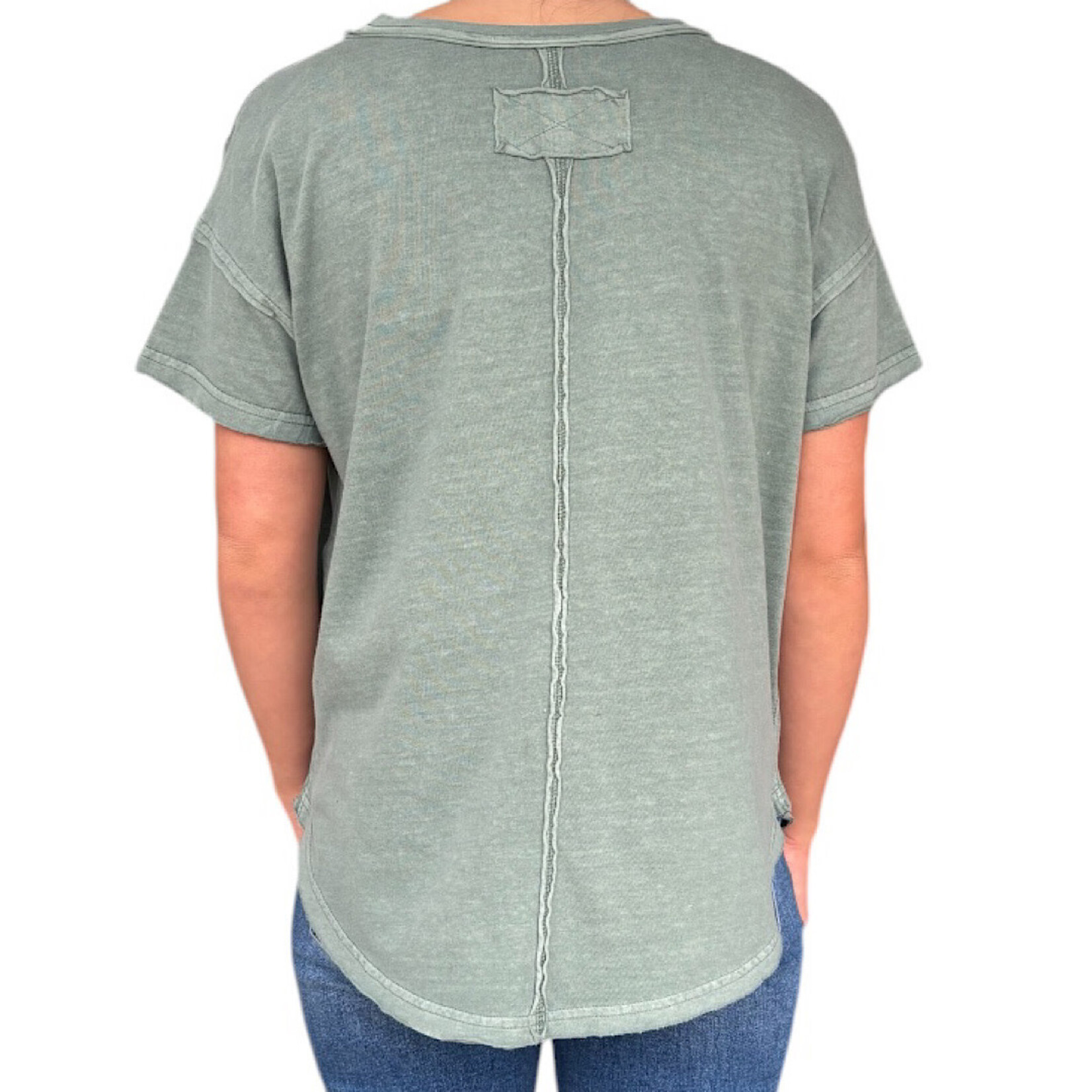 Green Exposed Seam Raw Edge Short Sleeve Knit Top