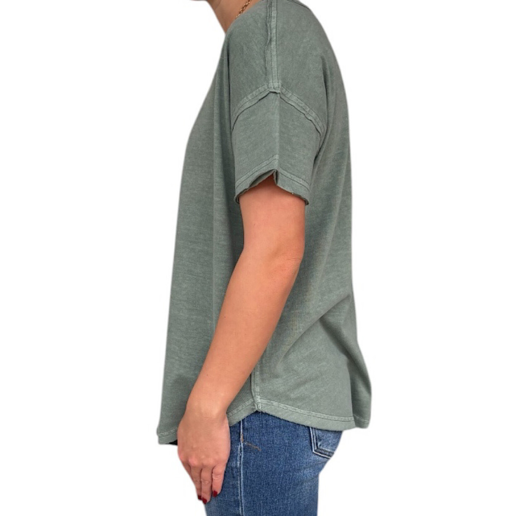Green Exposed Seam Raw Edge Short Sleeve Knit Top