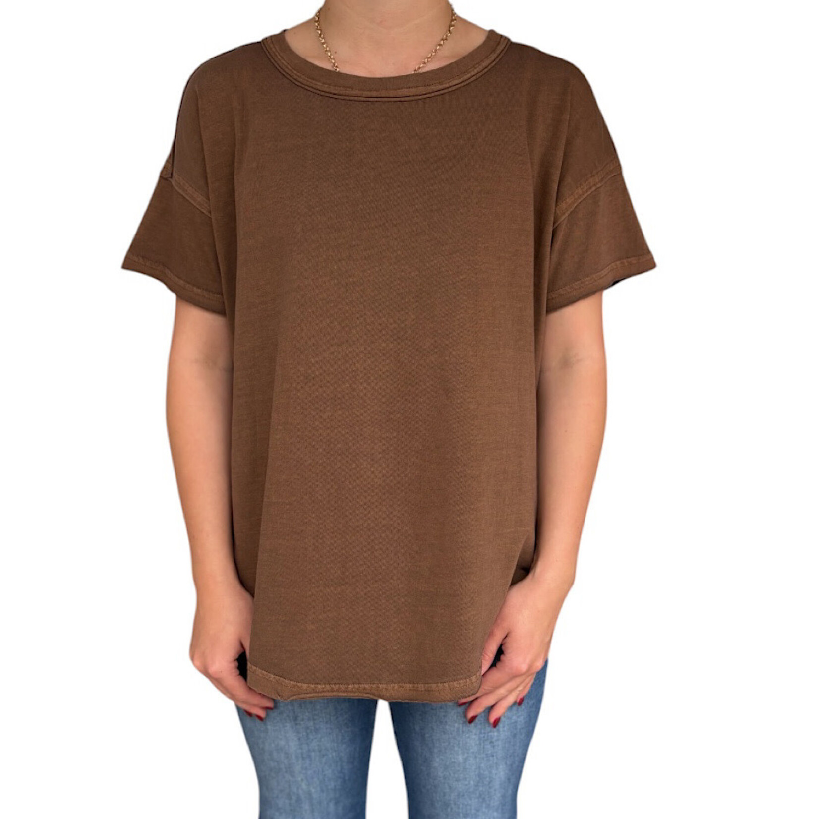 Brown Exposed Seam Raw Edge Short Sleeve Knit Top
