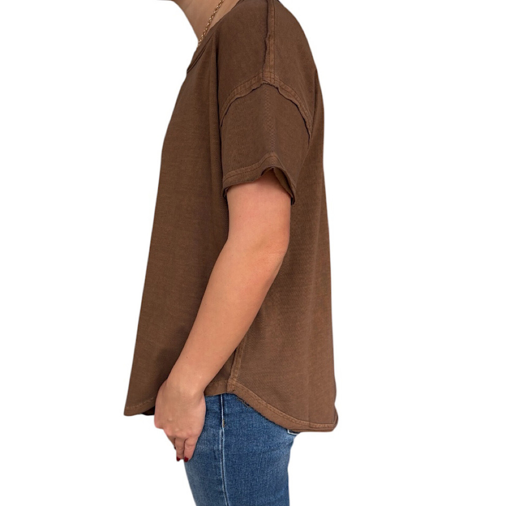 Brown Exposed Seam Raw Edge Short Sleeve Knit Top