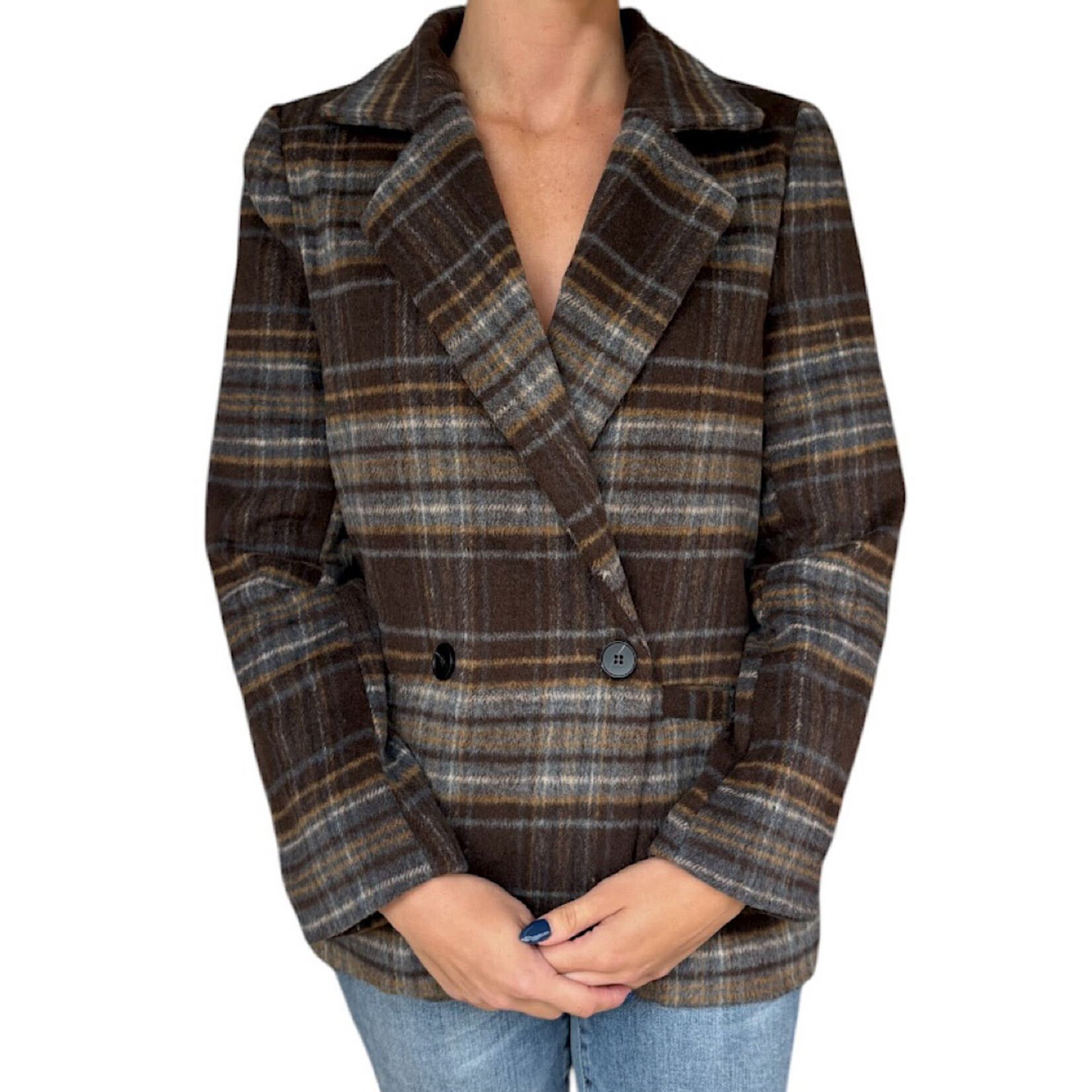 Brown Multi Plaid Notch Collar Button Front Long Line Coat