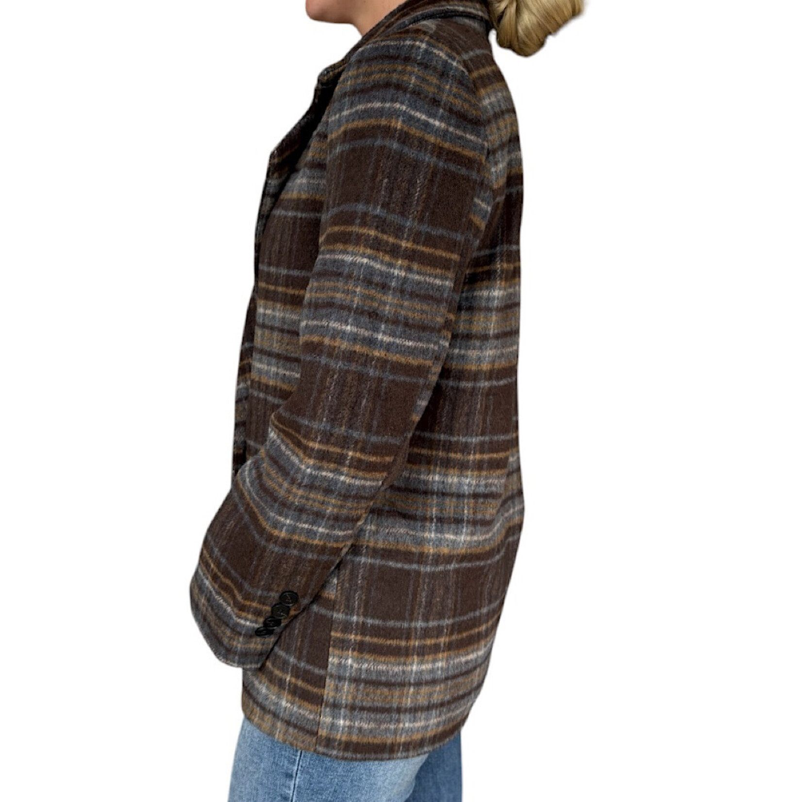 Brown Multi Plaid Notch Collar Button Front Long Line Coat