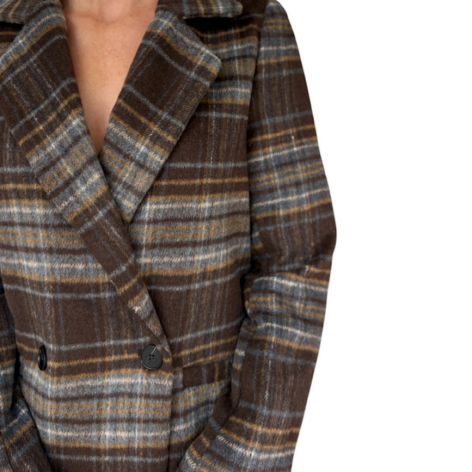Brown Multi Plaid Notch Collar Button Front Long Line Coat