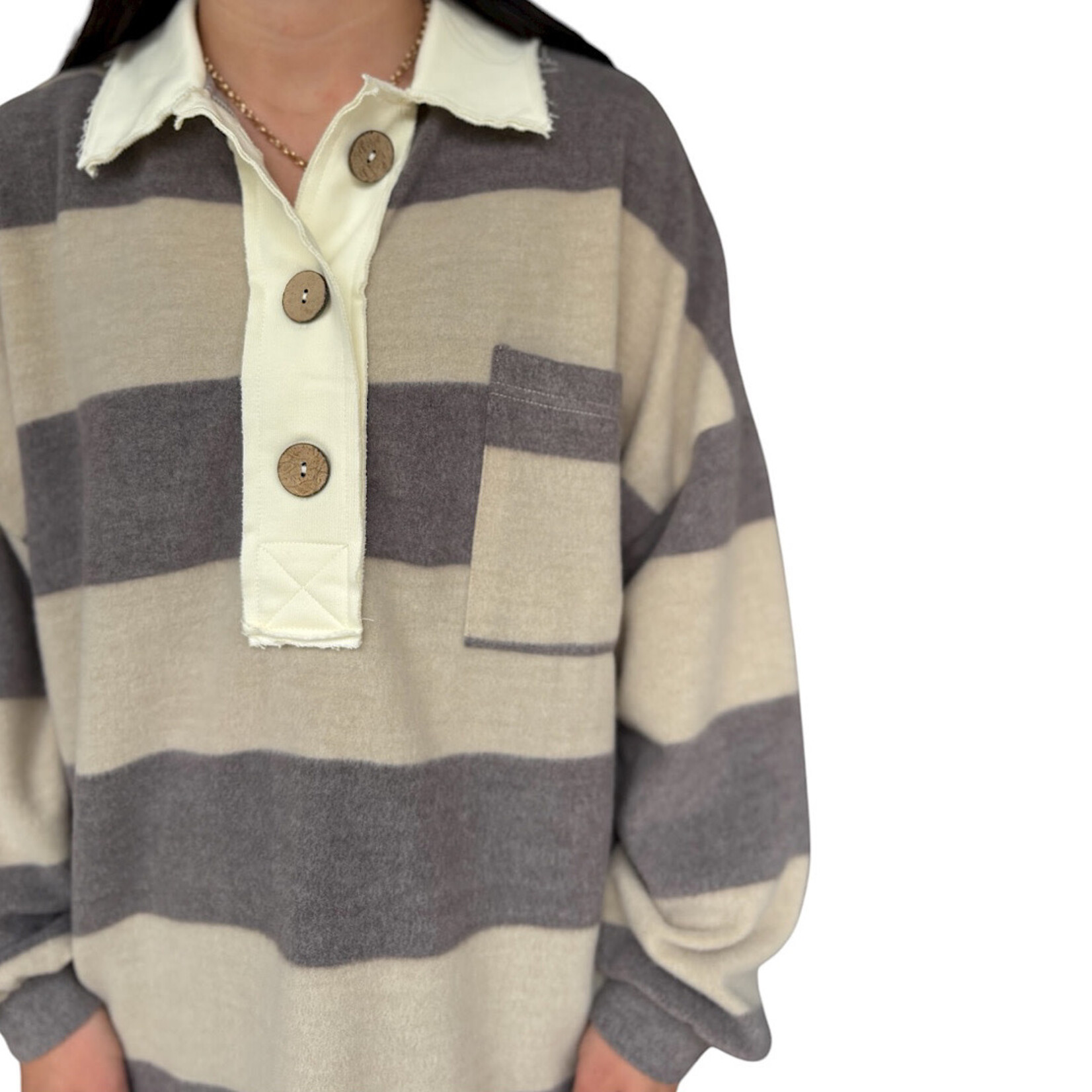 Charcoal Washed Stripe Contrast Collar Long Sleeve Knit Top