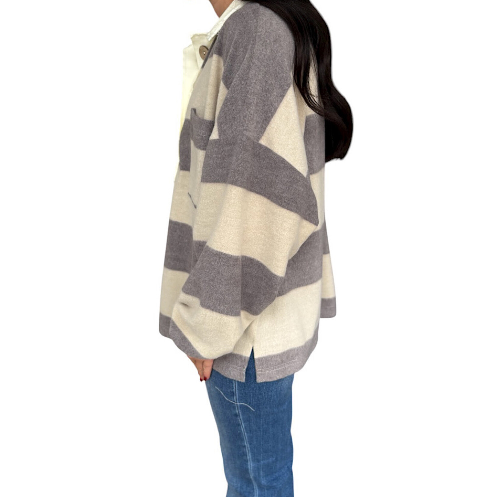Charcoal Washed Stripe Contrast Collar Long Sleeve Knit Top