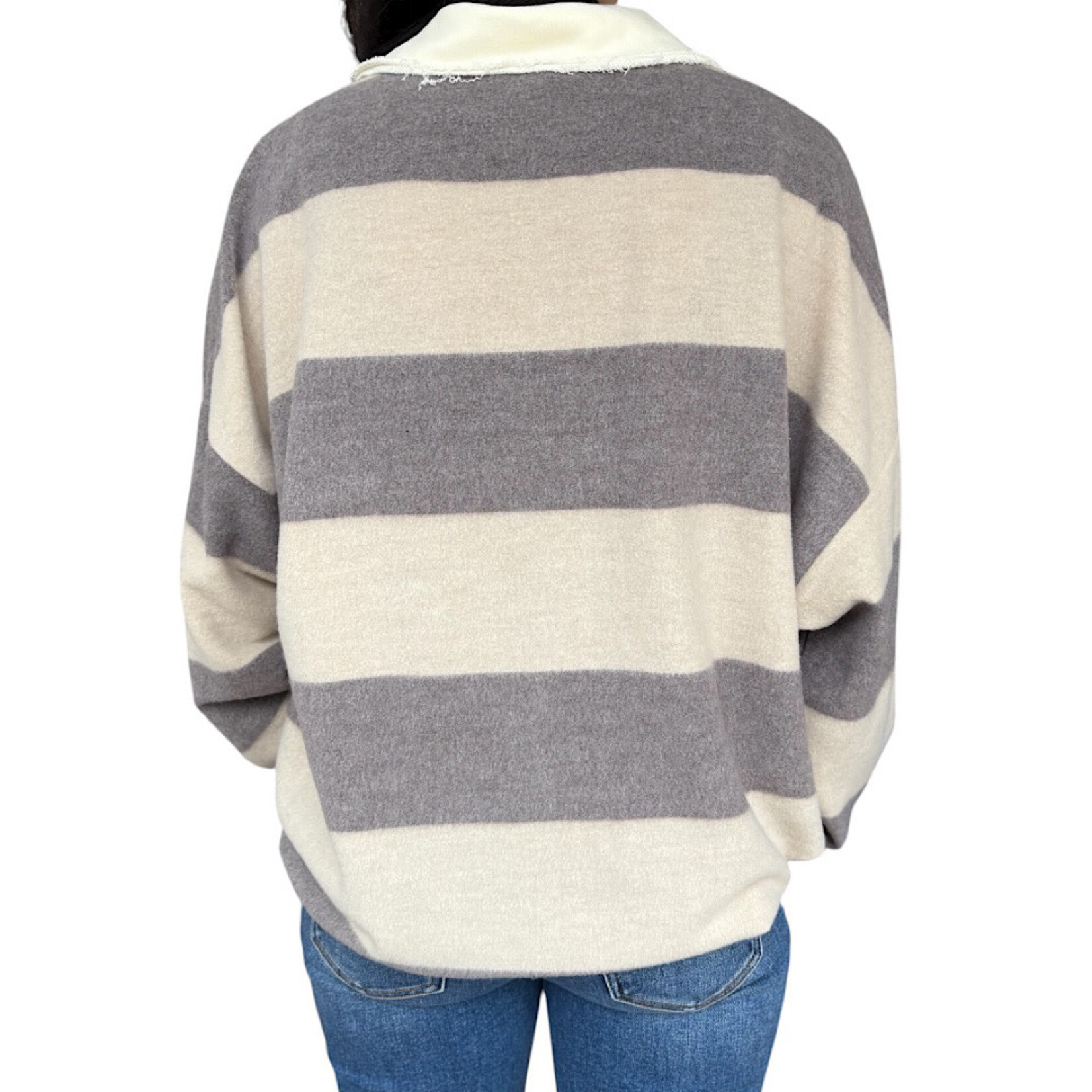 Charcoal Washed Stripe Contrast Collar Long Sleeve Knit Top