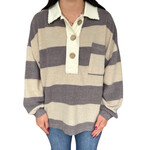 Charcoal Washed Stripe Contrast Collar Long Sleeve Knit Top