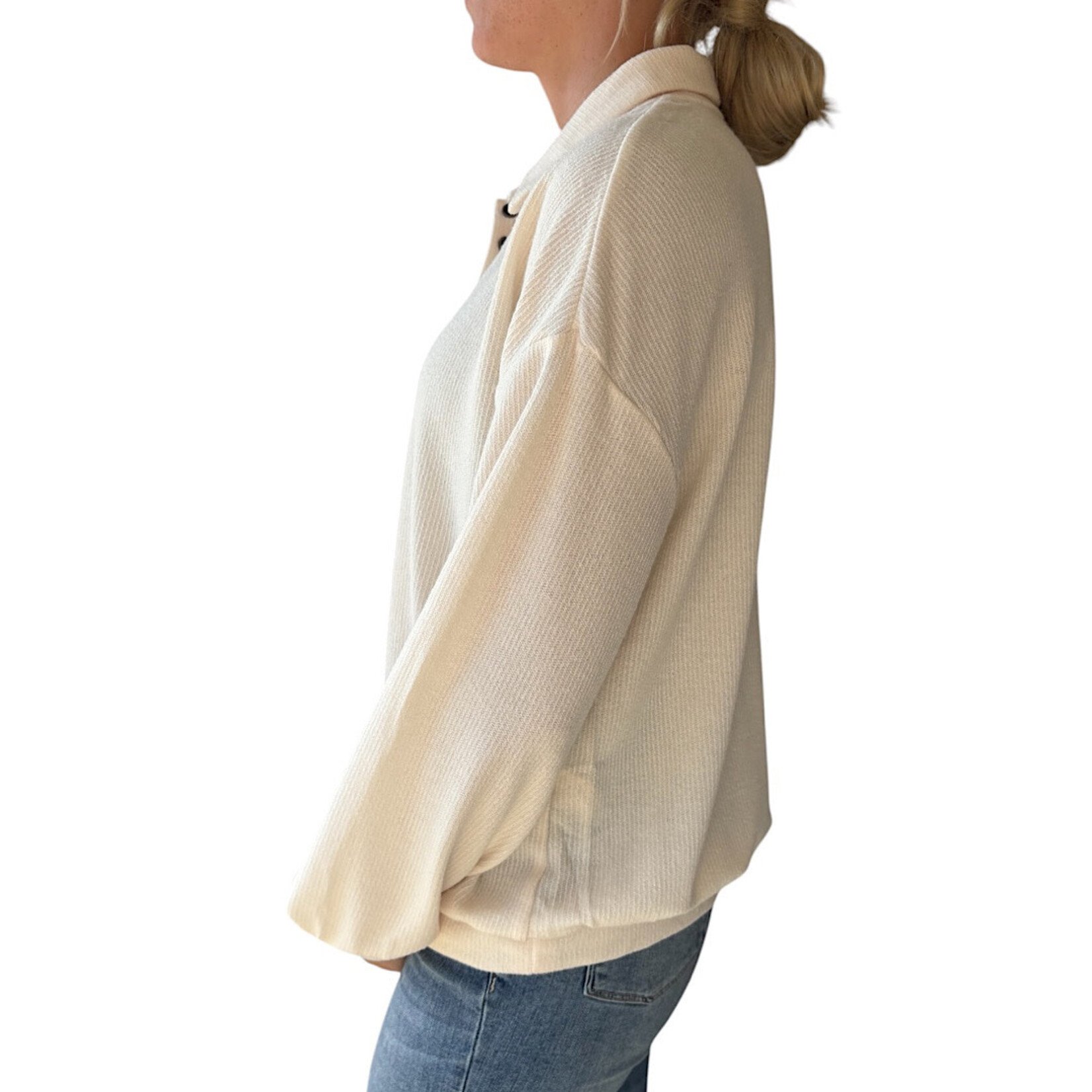 Cream Collared Half Snap Button Long Sleeve Knit Top