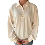 Cream Collared Half Snap Button Long Sleeve Knit Top