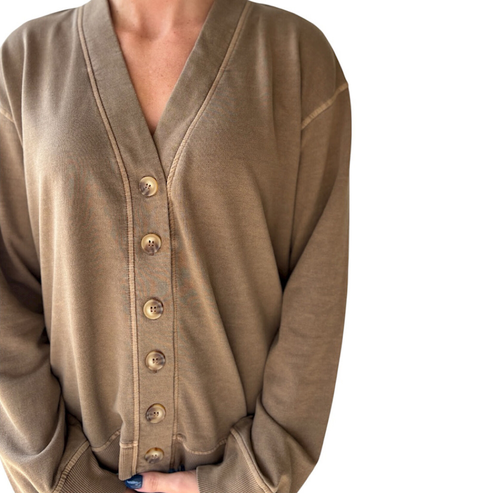 Brown Washed Detail Button Down Long Sleeve Cardigan