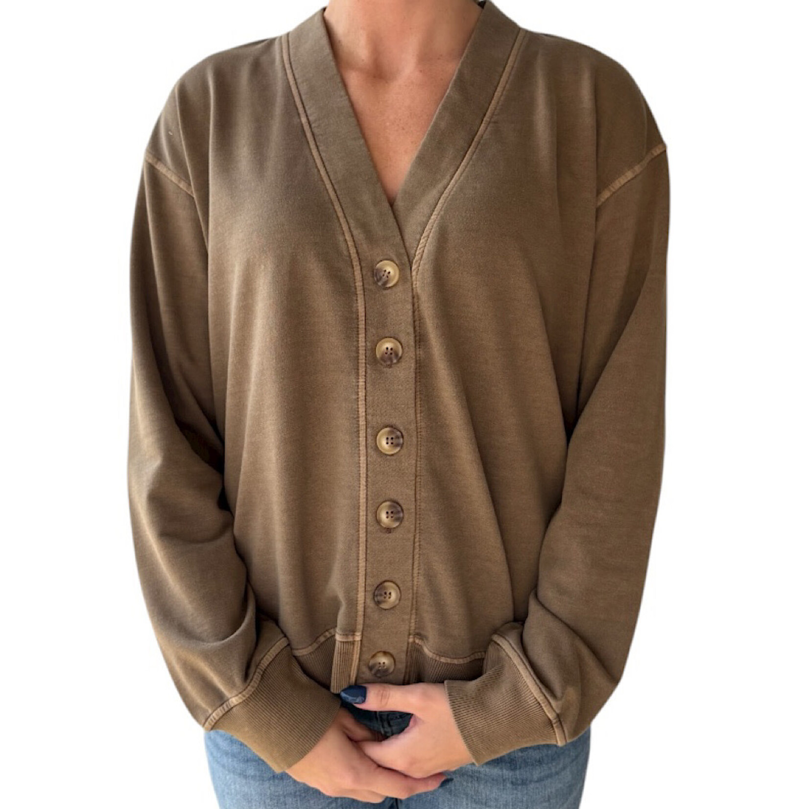 Brown Washed Detail Button Down Long Sleeve Cardigan