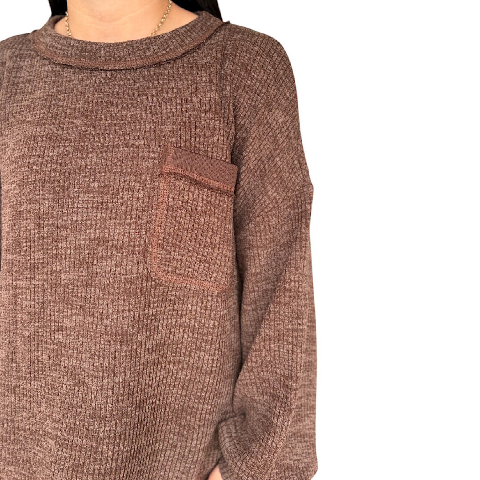 Dark Brown Crew Neck Front Pocket Detail Long Sleeve Knit Top