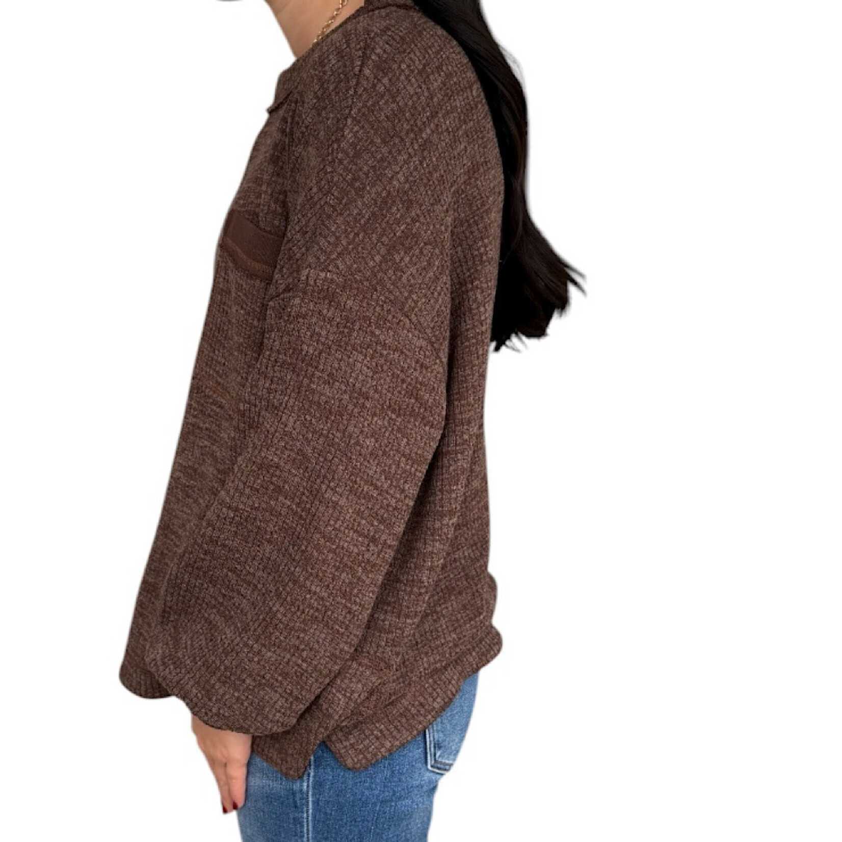 Dark Brown Crew Neck Front Pocket Detail Long Sleeve Knit Top