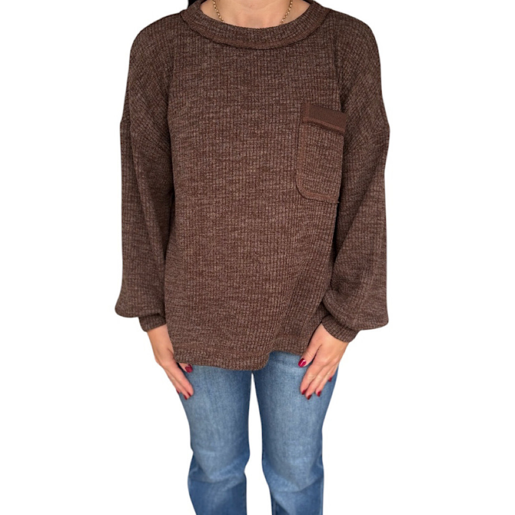 Dark Brown Crew Neck Front Pocket Detail Long Sleeve Knit Top