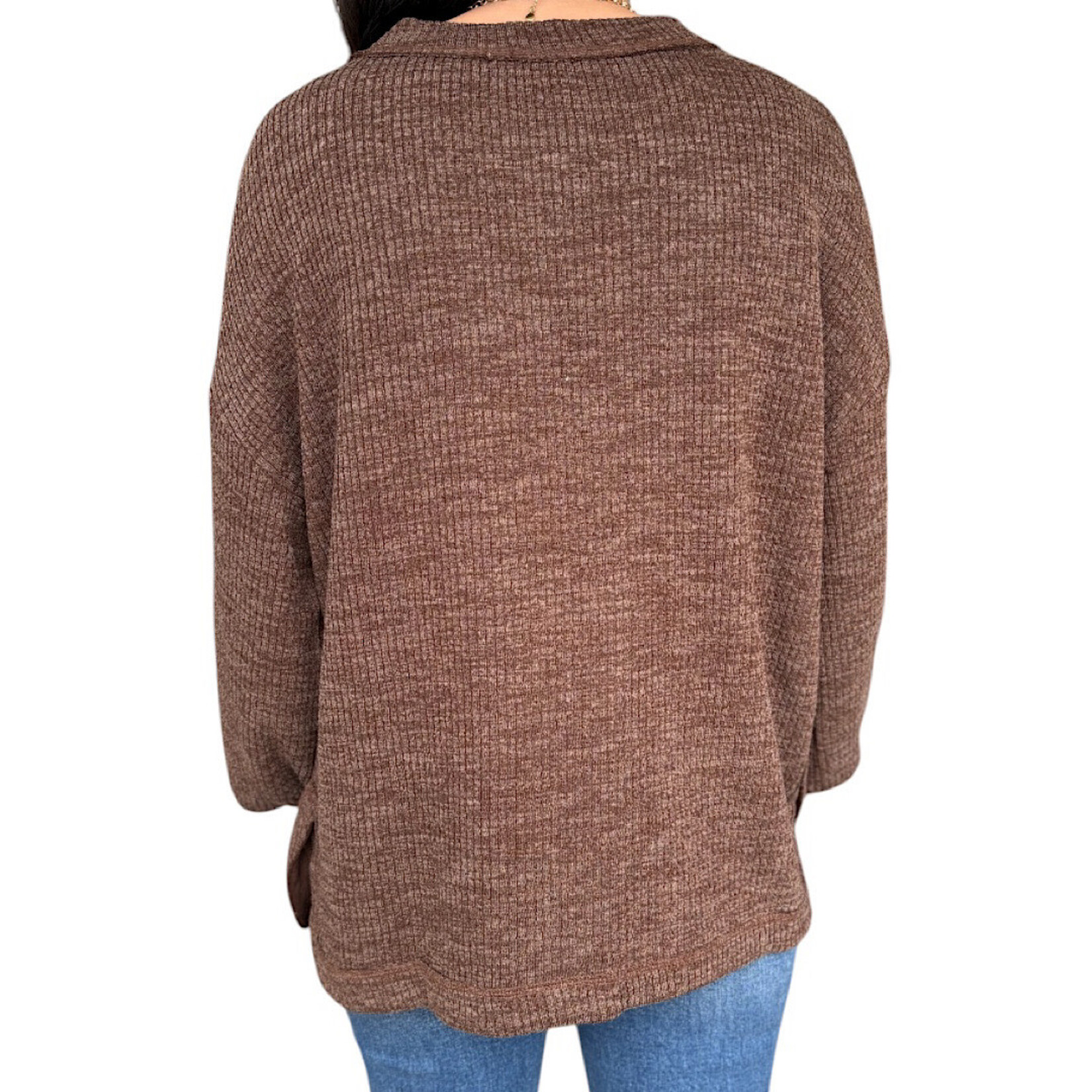 Dark Brown Crew Neck Front Pocket Detail Long Sleeve Knit Top
