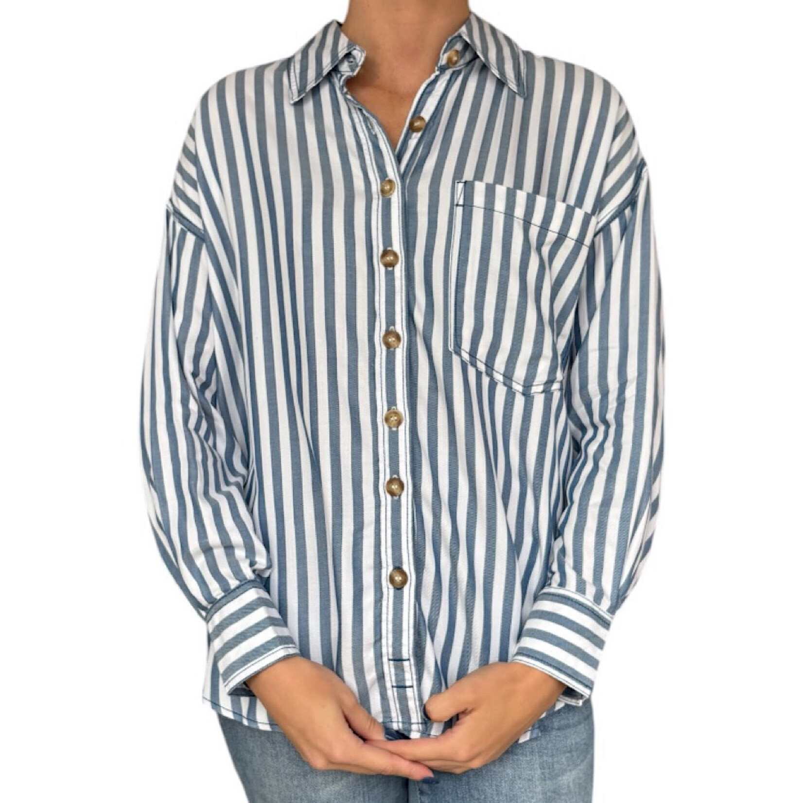 Blue Stripe Collared Button Down Long Sleeve Shirt