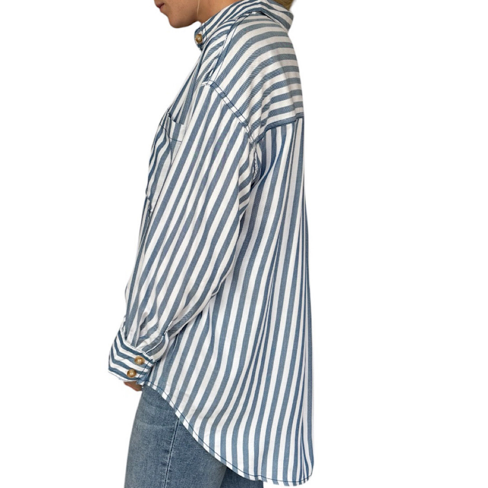 Blue Stripe Collared Button Down Long Sleeve Shirt