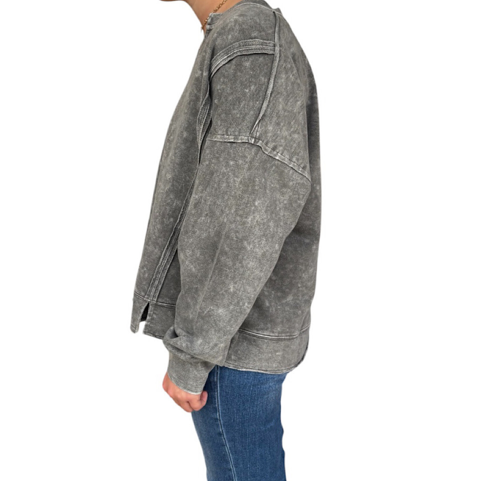 Black Washed Exposed Seam Long Sleeve Knit Top