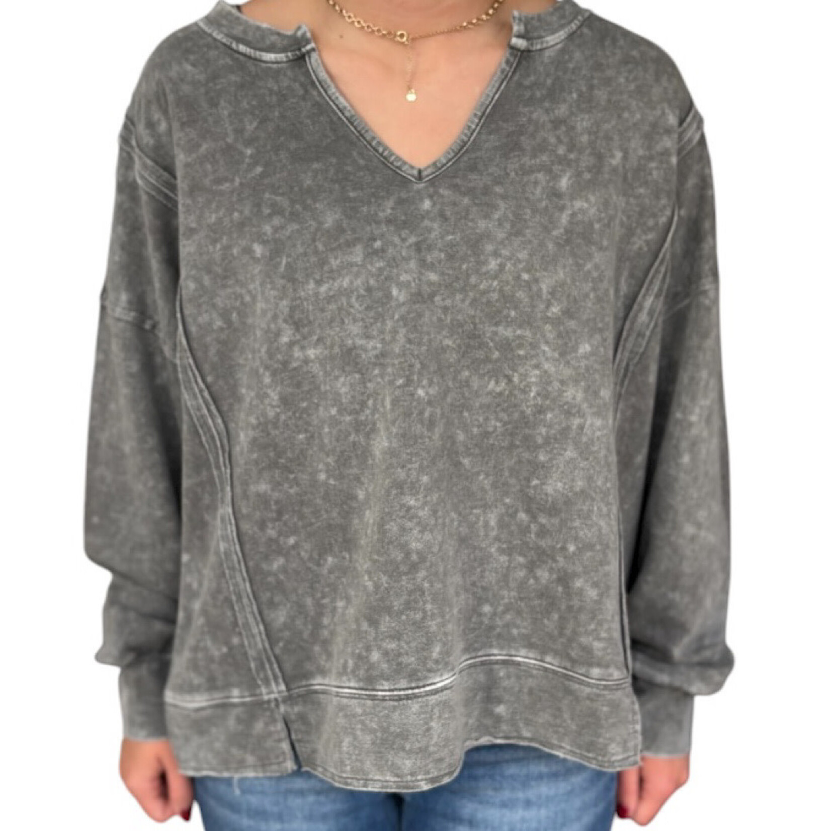 Black Washed Exposed Seam Long Sleeve Knit Top