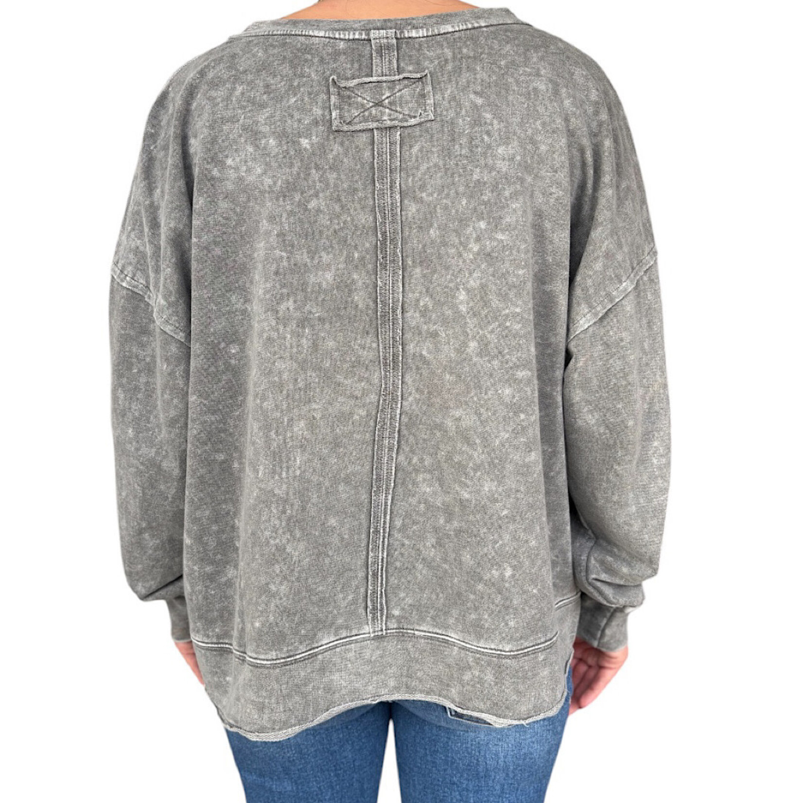 Black Washed Exposed Seam Long Sleeve Knit Top