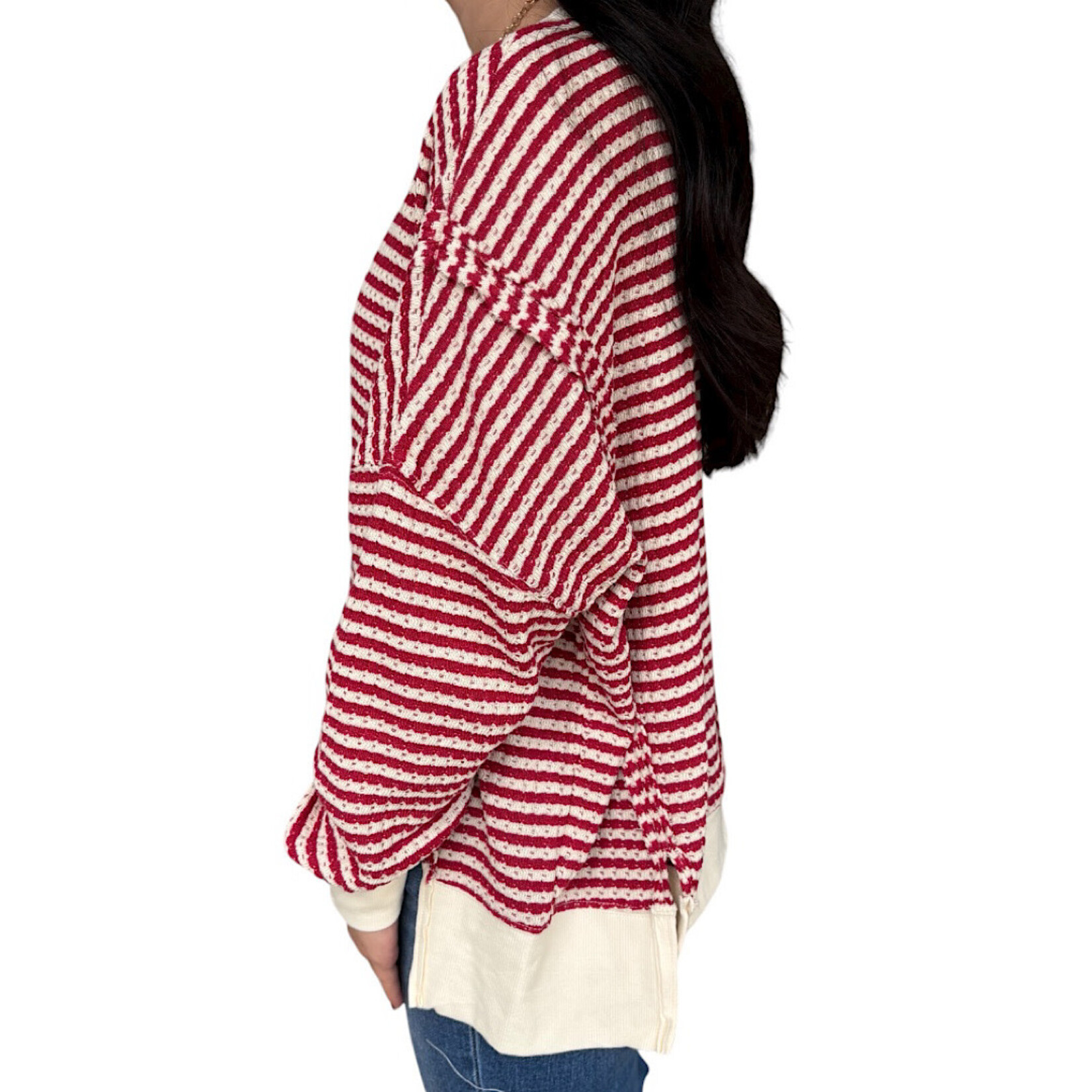 Cream Stripe Exposed Seam Split Hem Long Sleeve Knit Top