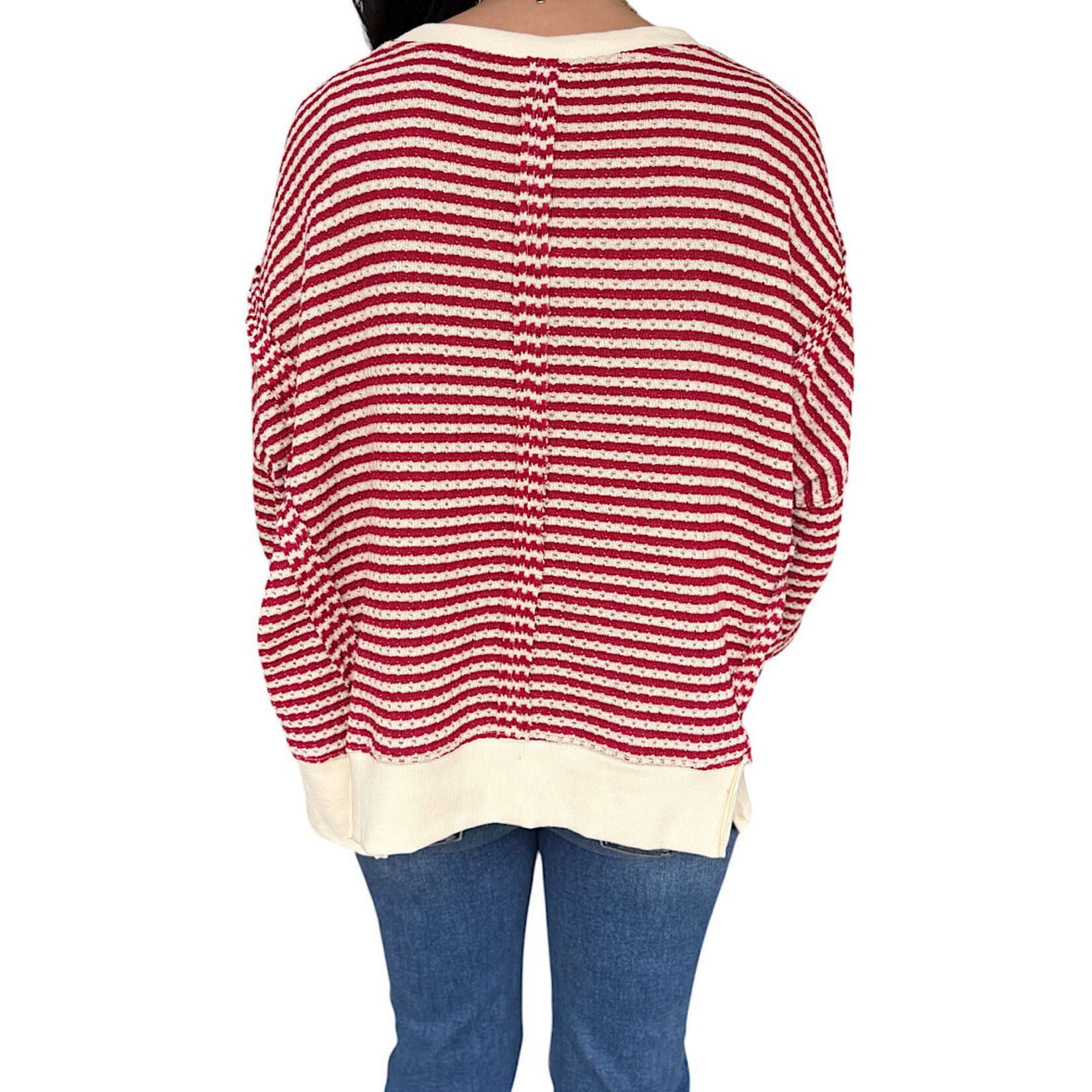 Cream Stripe Exposed Seam Split Hem Long Sleeve Knit Top