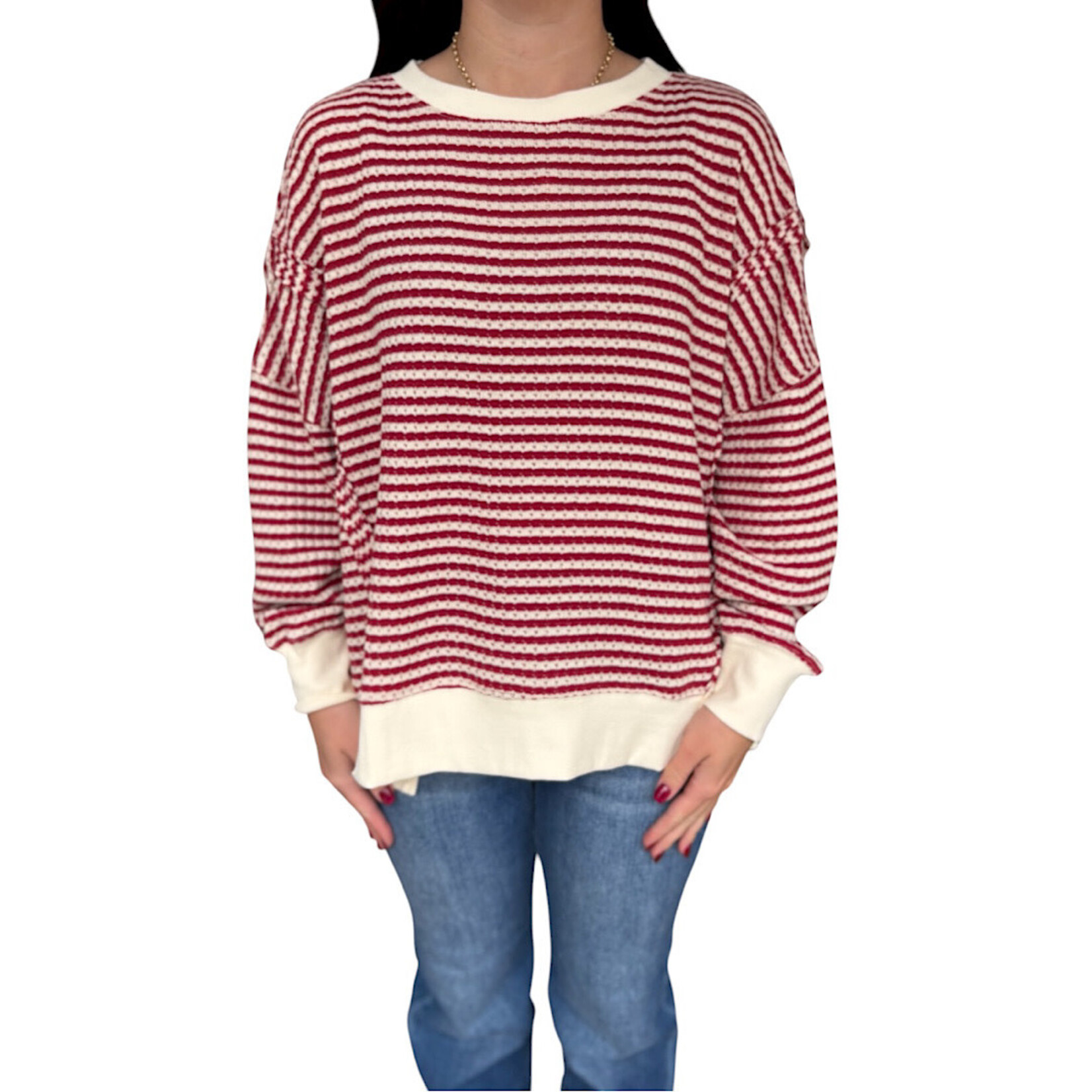 Cream Stripe Exposed Seam Split Hem Long Sleeve Knit Top
