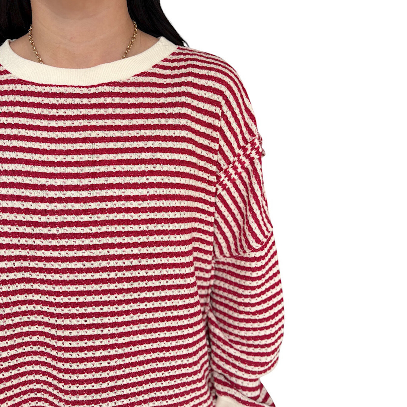 Cream Stripe Exposed Seam Split Hem Long Sleeve Knit Top