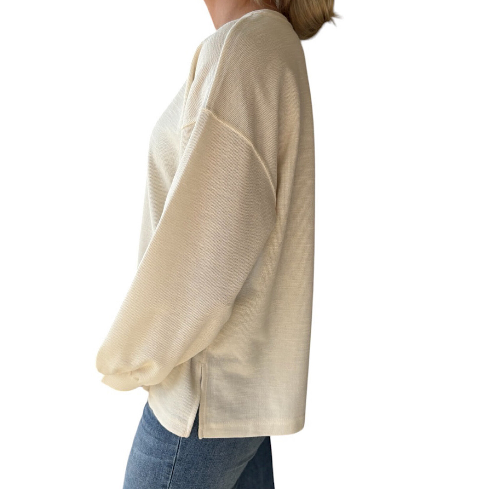 Oatmeal Round Neck Drop Shoulder Raw Edge Marled Knit Top