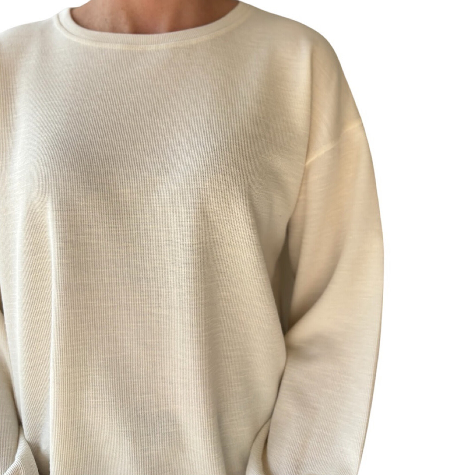 Oatmeal Round Neck Drop Shoulder Raw Edge Marled Knit Top