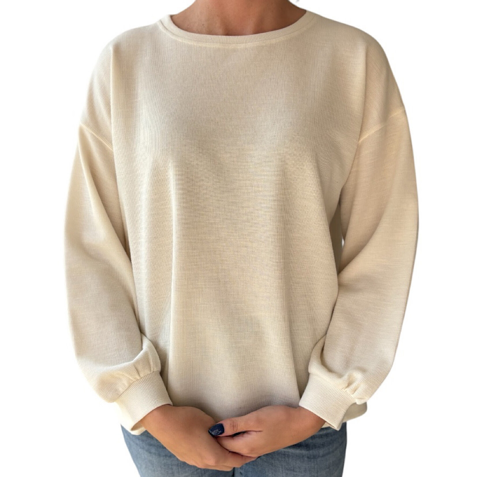 Oatmeal Round Neck Drop Shoulder Raw Edge Marled Knit Top