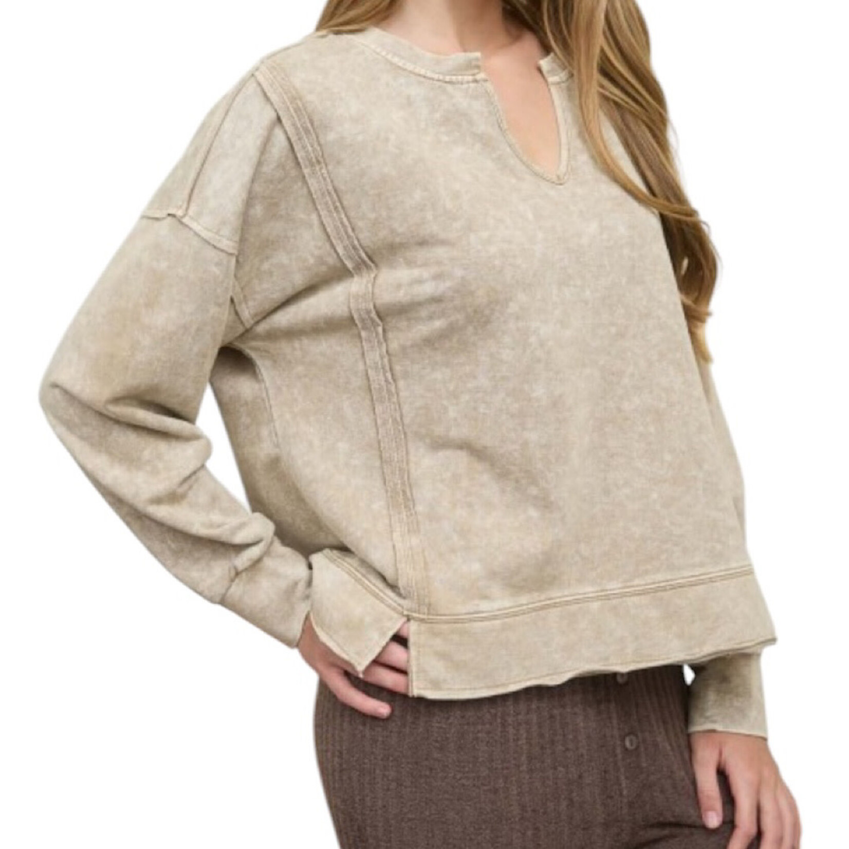 Tan Washed Exposed Seam Long Sleeve Knit Top