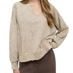 Tan Washed Exposed Seam Long Sleeve Knit Top