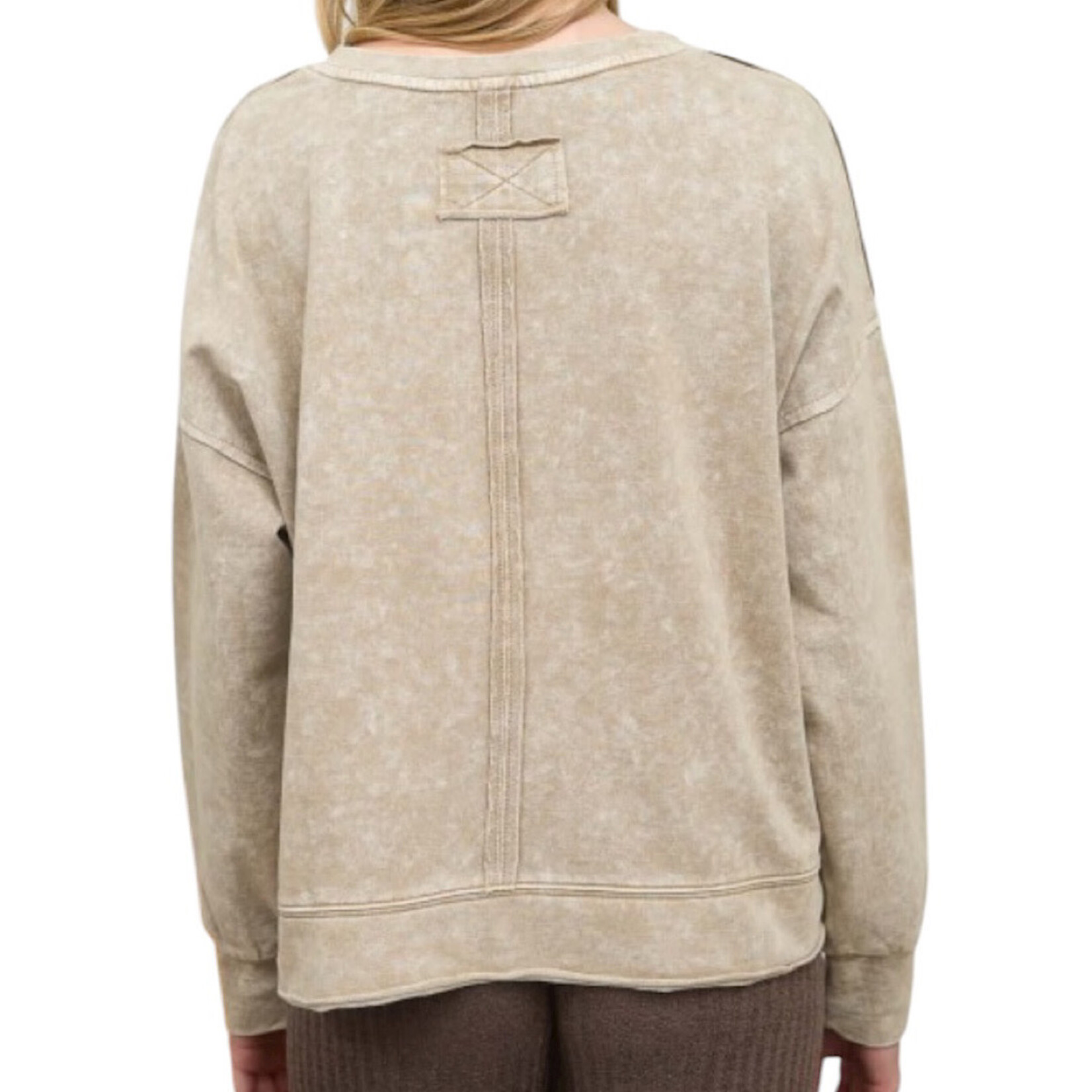 Tan Washed Exposed Seam Long Sleeve Knit Top