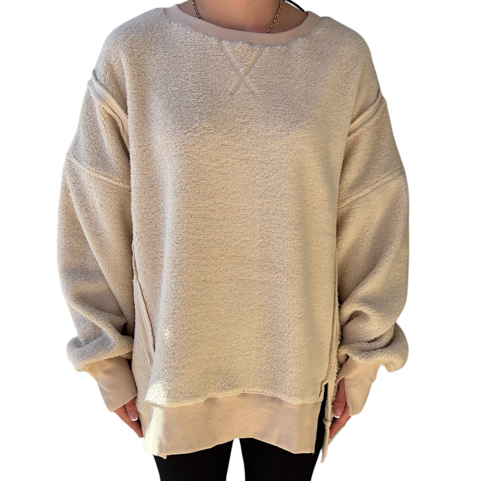 Cream Oversized Casual Solid Fleece Top