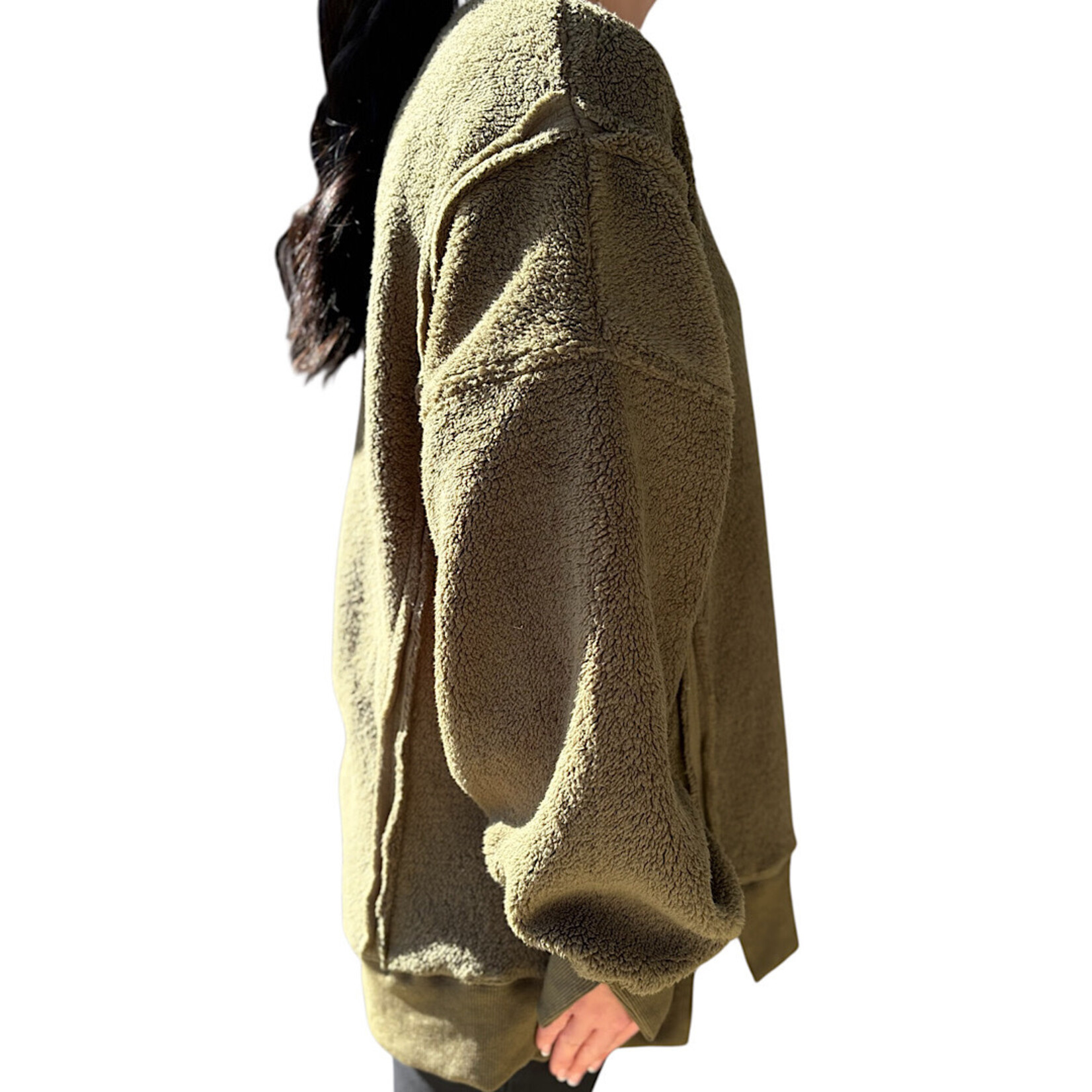 Olive Oversized Casual Solid Fleece Top