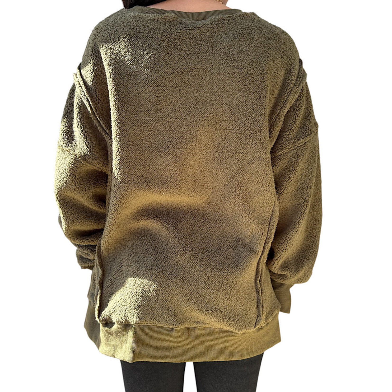 Olive Oversized Casual Solid Fleece Top