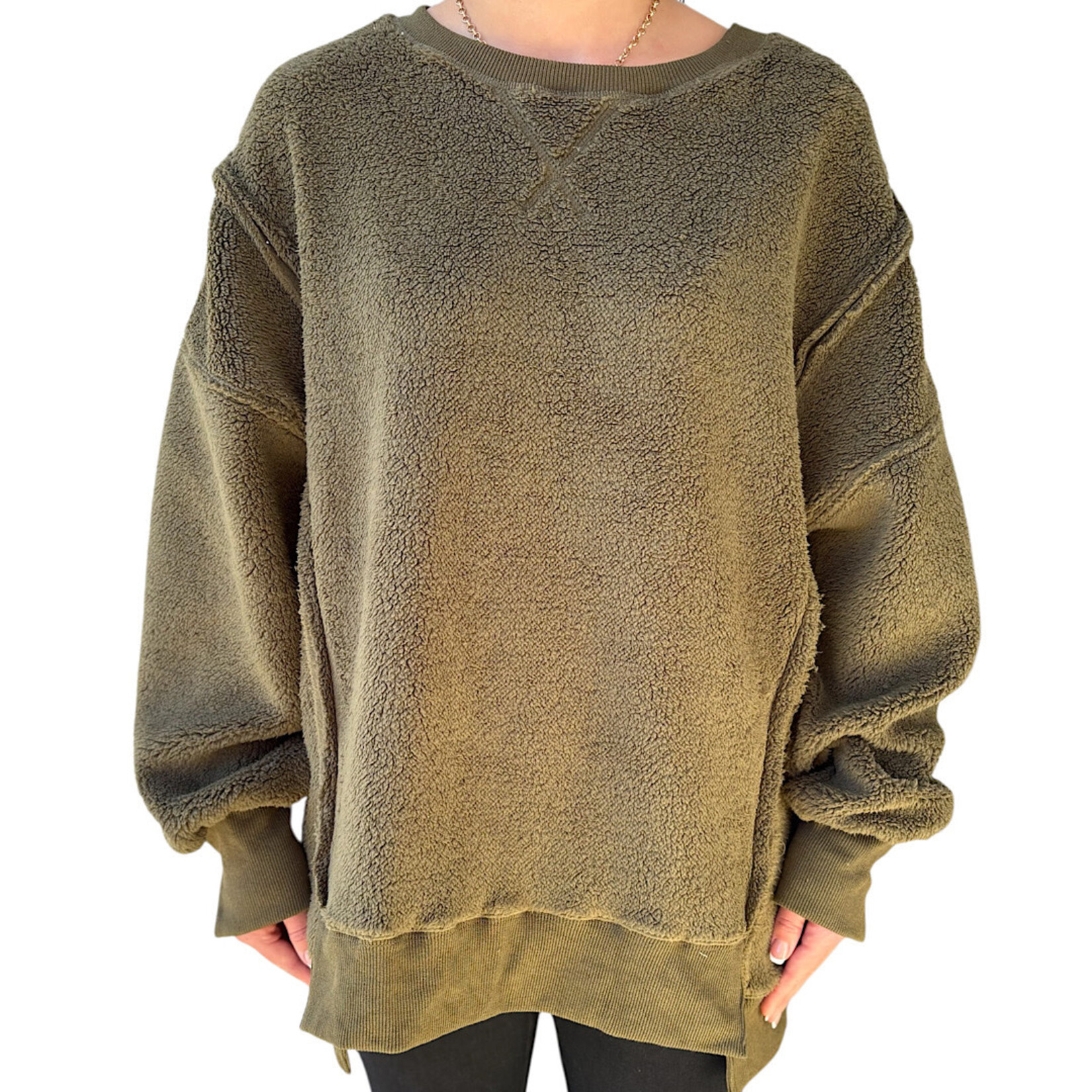 Olive Oversized Casual Solid Fleece Top