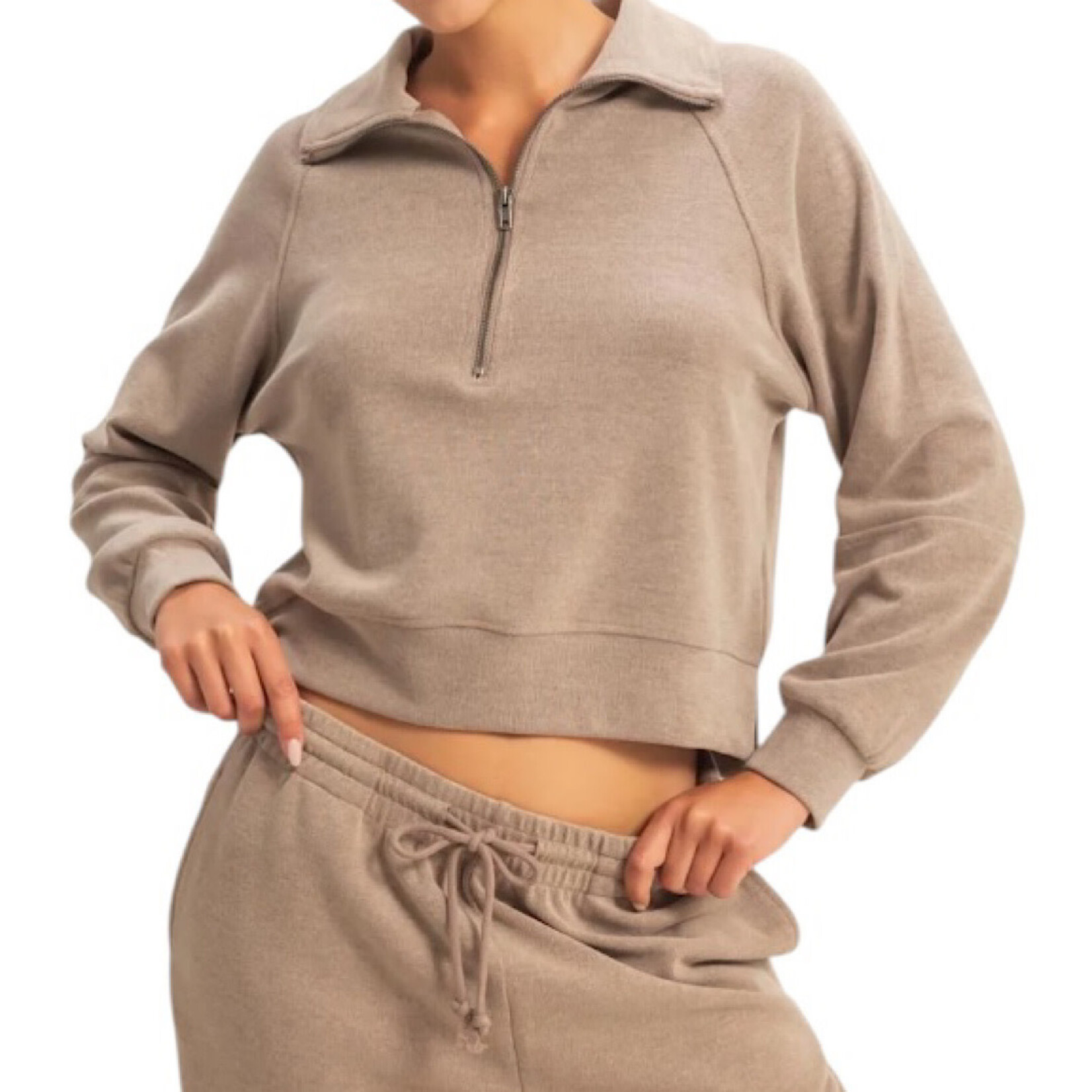 Dusty Mocha Soft Ribbed Half Zip Long Sleeve Sweatshirt