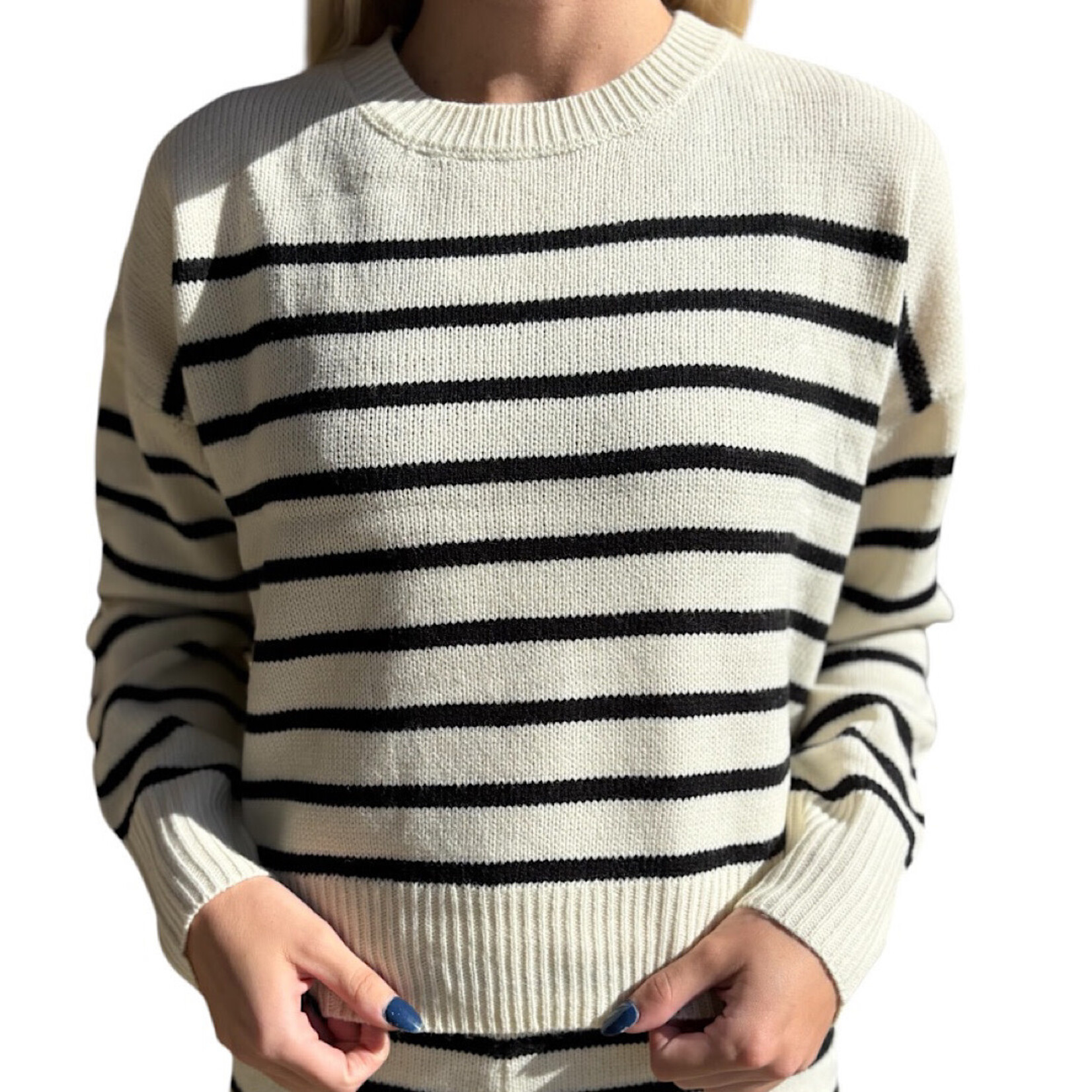 Cream/Black Striped Knit Sweater and Shorts Set