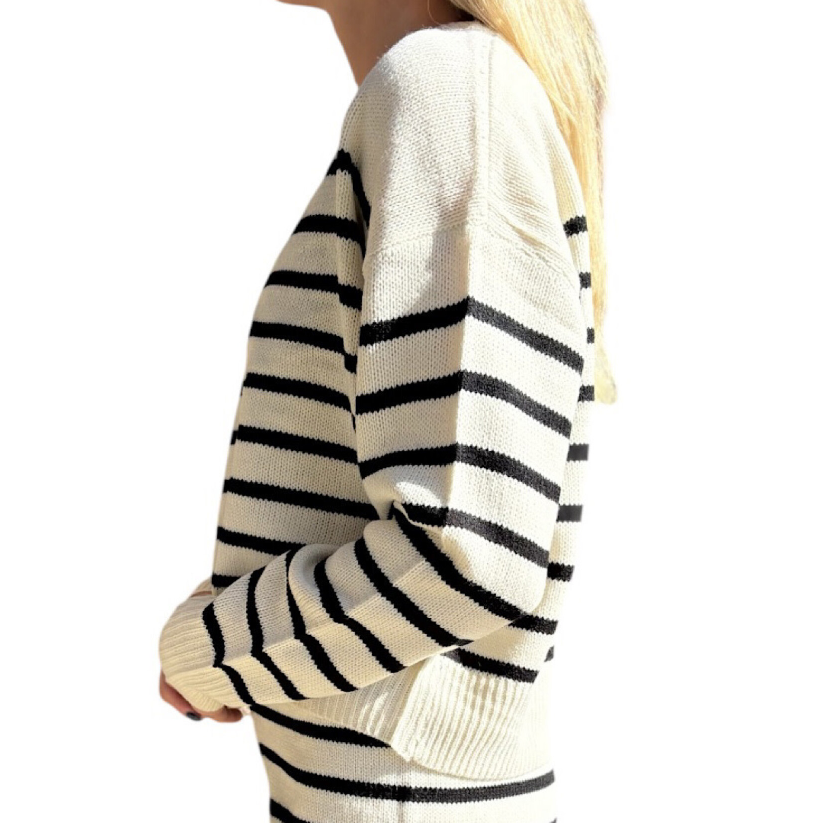 Cream/Black Striped Knit Sweater and Shorts Set