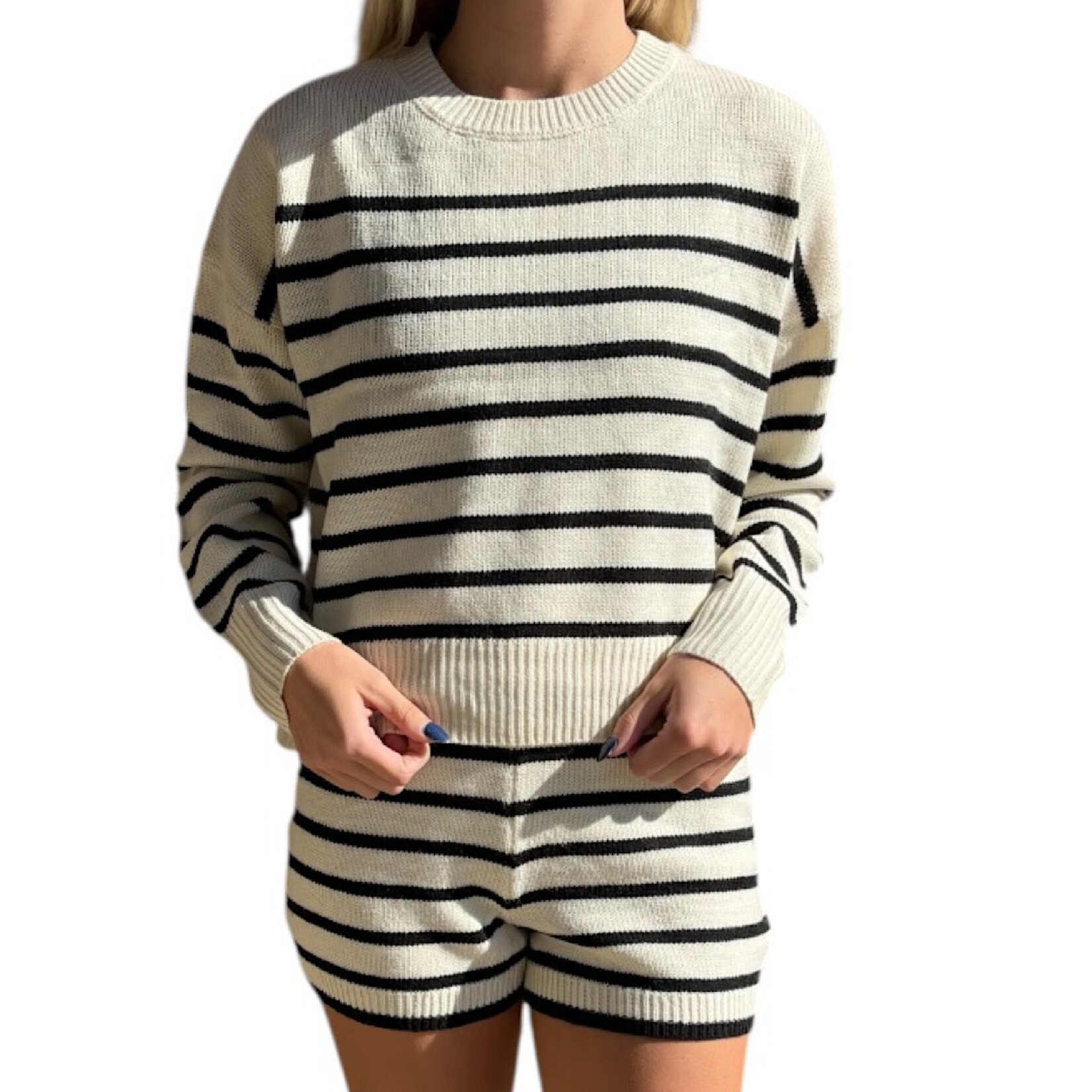 Cream/Black Striped Knit Sweater and Shorts Set