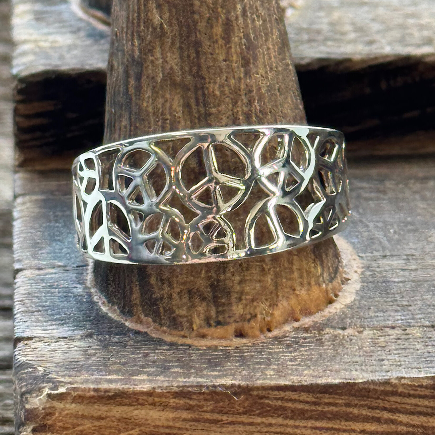 Sterling Silver Wide Band Peace Sign Ring