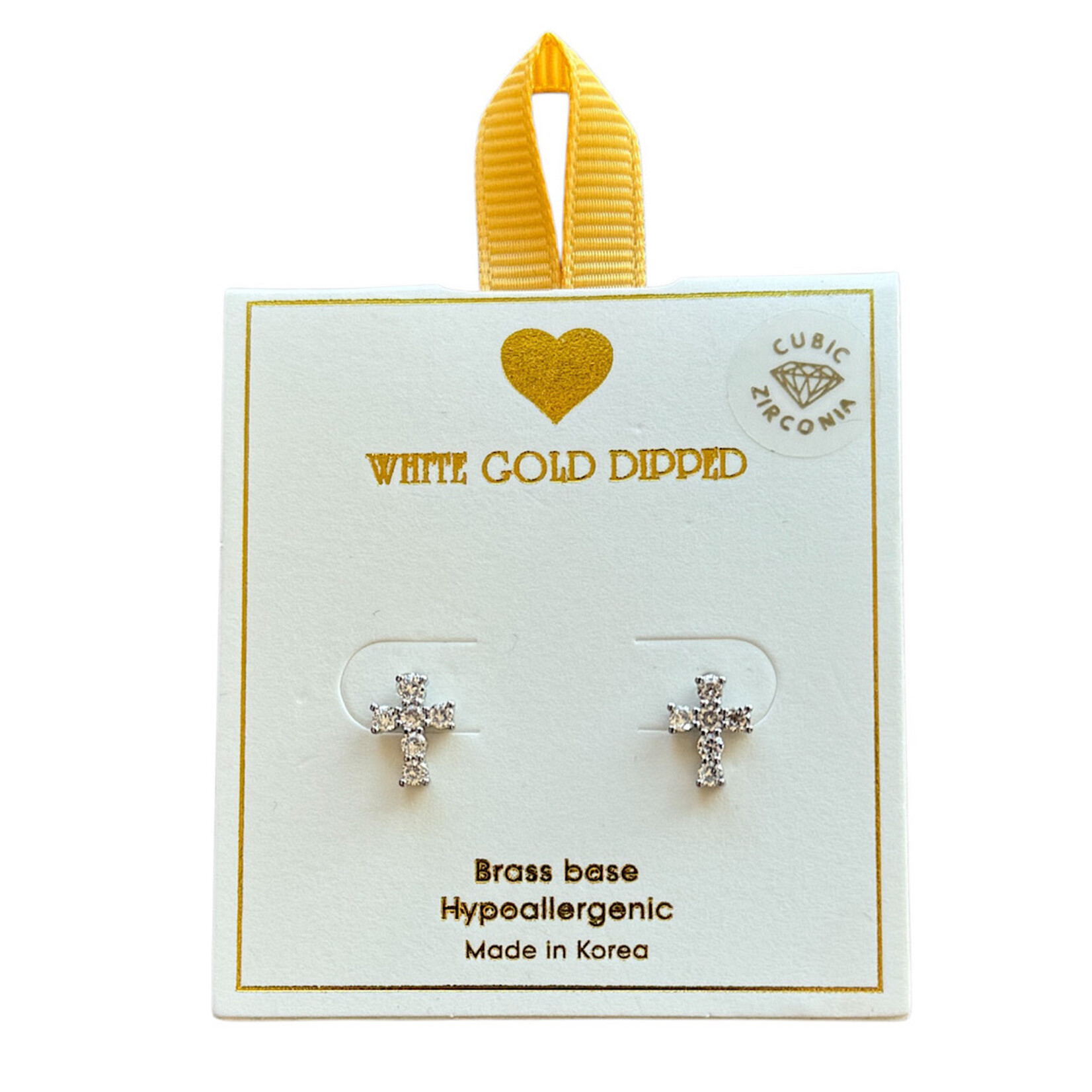 Yellow Ribbon White Gold Dipped CZ Cross Earring