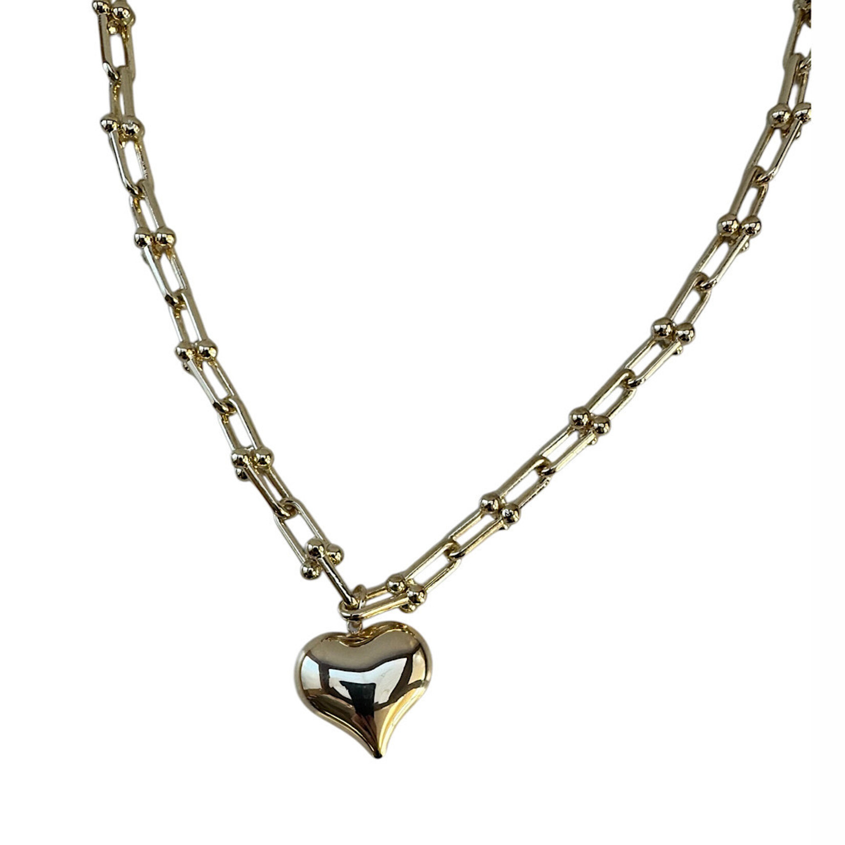 Gold Link Puffy Heart Necklace 14K Plated