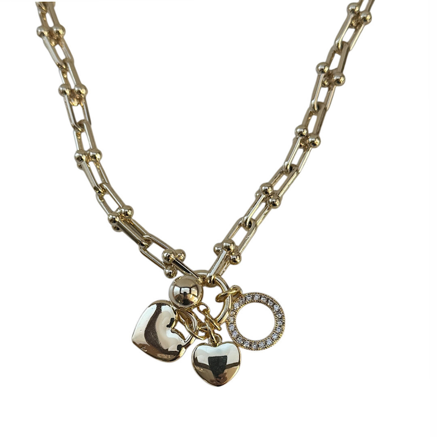 Gold Link Heart Charms Necklace 14K Gold Plated