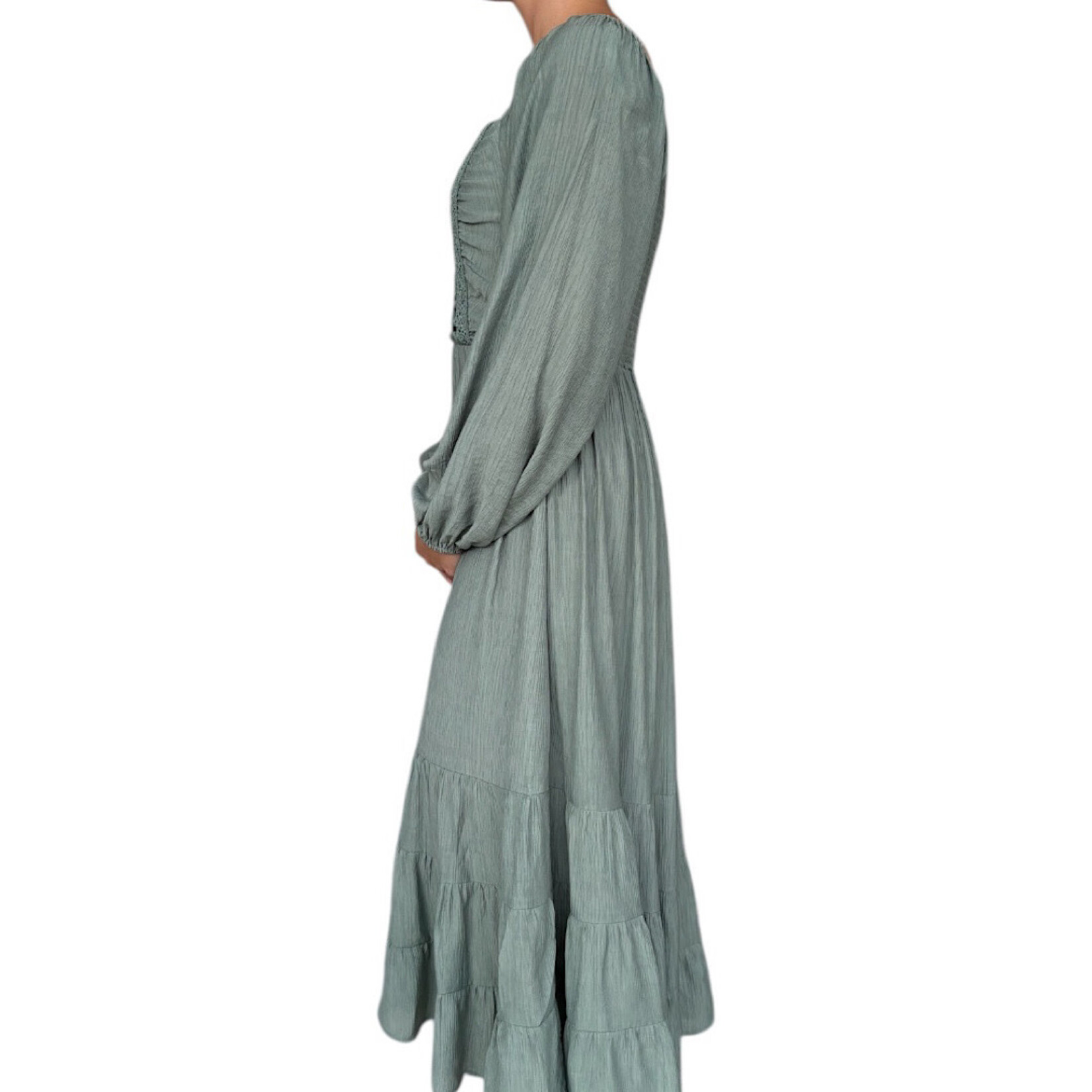 Sage Square Neck Solid Woven Midi Dress with Trim Detail